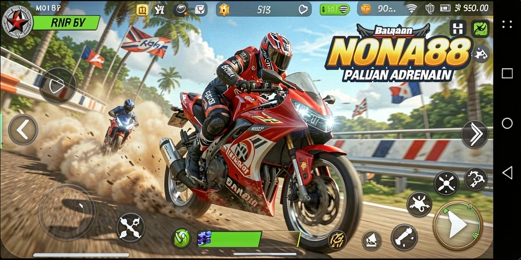 Screenshot gameplay NONA88 menunjukkan pertempuran motor yang seru.